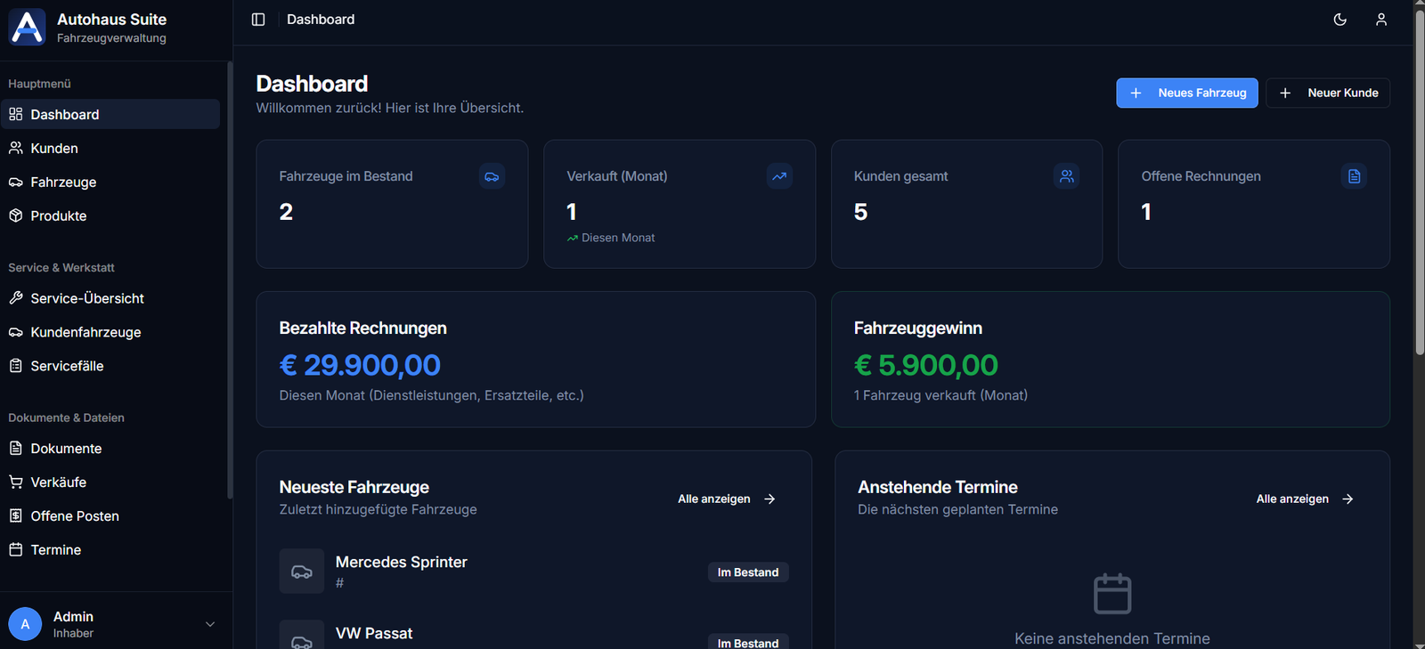 Autohaus Suite Dashboard &ndash; KFZ-Software mit Fahrzeugbestand, Verk&auml;ufen, Rechnungen und Werkstatt-Kennzahlen