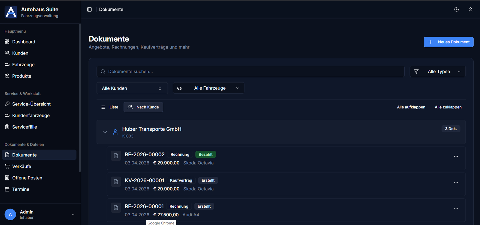 Autohaus Suite Dokumentenverwaltung &ndash; Angebote, Rechnungen und Kaufvertr&auml;ge als PDF mit Status&uuml;bersicht