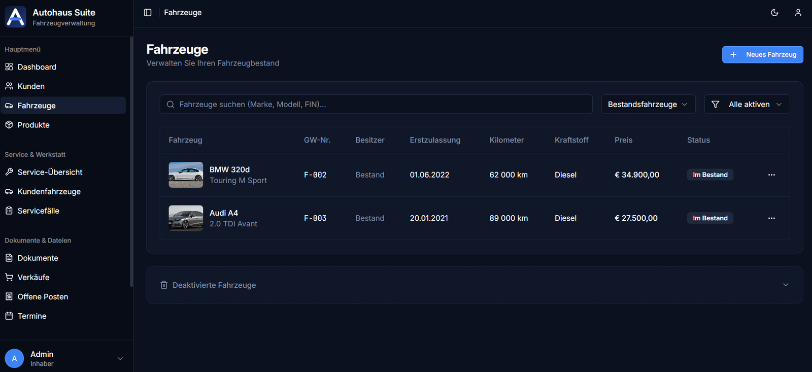 Autohaus Suite Fahrzeugverwaltung &ndash; Bestandsfahrzeuge mit Marke, Modell, Erstzulassung, Kilometerstand und Preis
