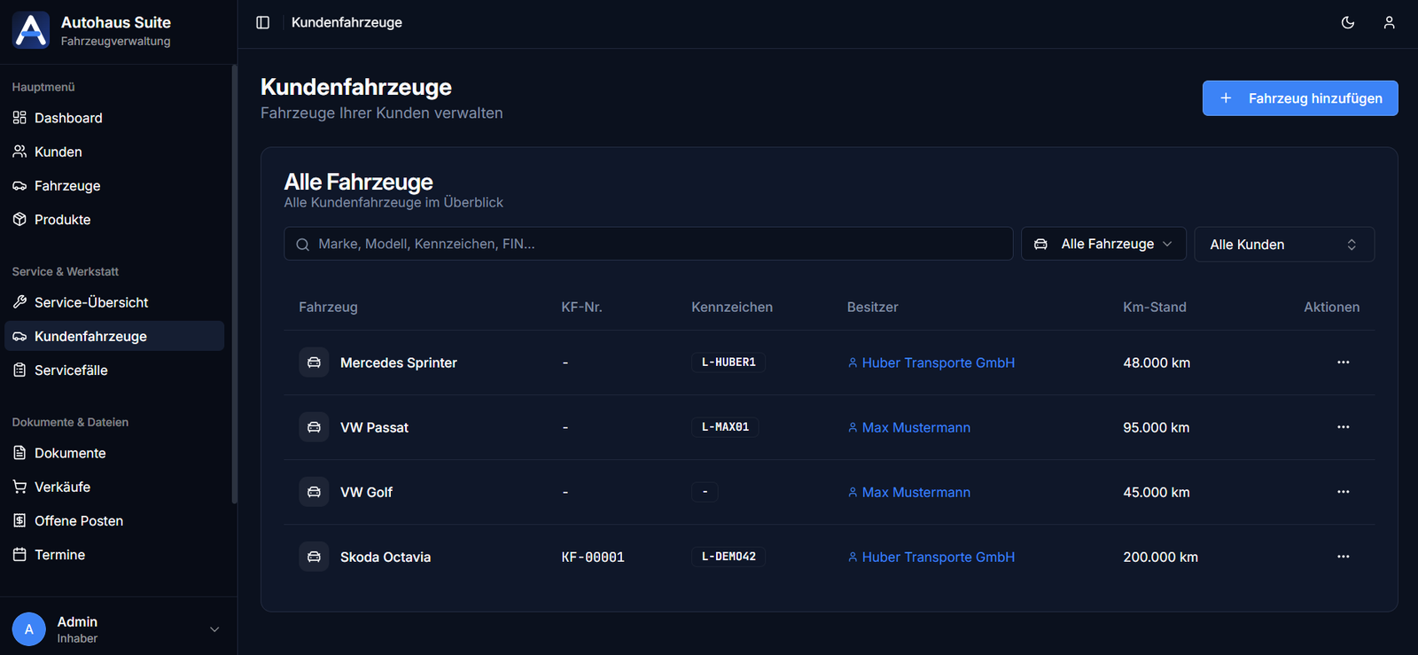 Autohaus Suite Kundenfahrzeuge &ndash; &Uuml;bersicht aller Kundenfahrzeuge mit Kennzeichen, Besitzer und Kilometerstand